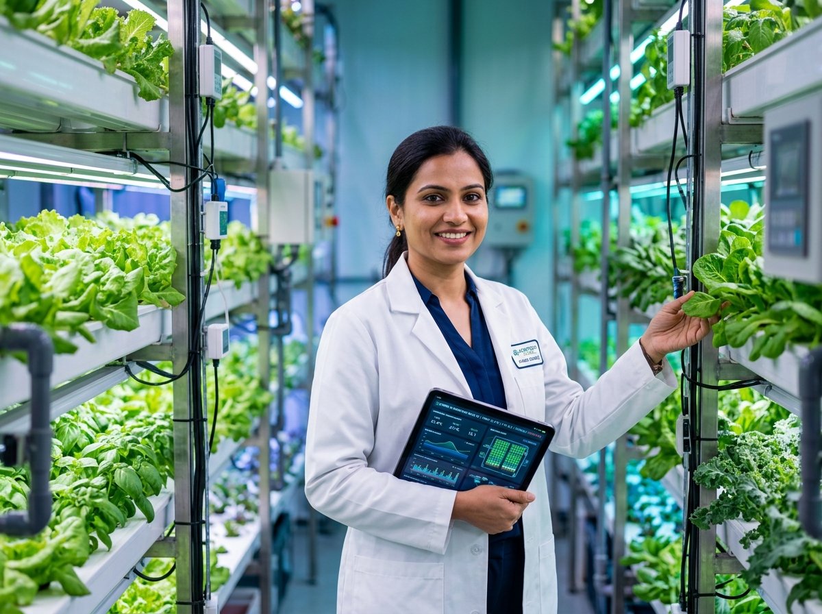Agronomist inspecting vertical farm crops