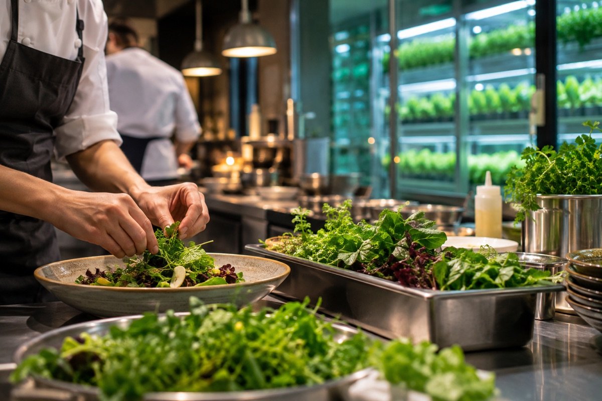 Clean leafy greens served in a hospitality kitchen