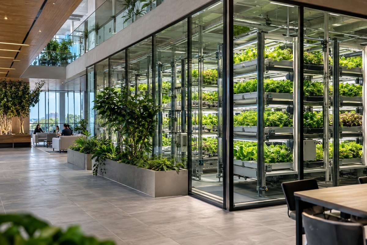 Vertical farm integrated into a modern mixed use real estate space