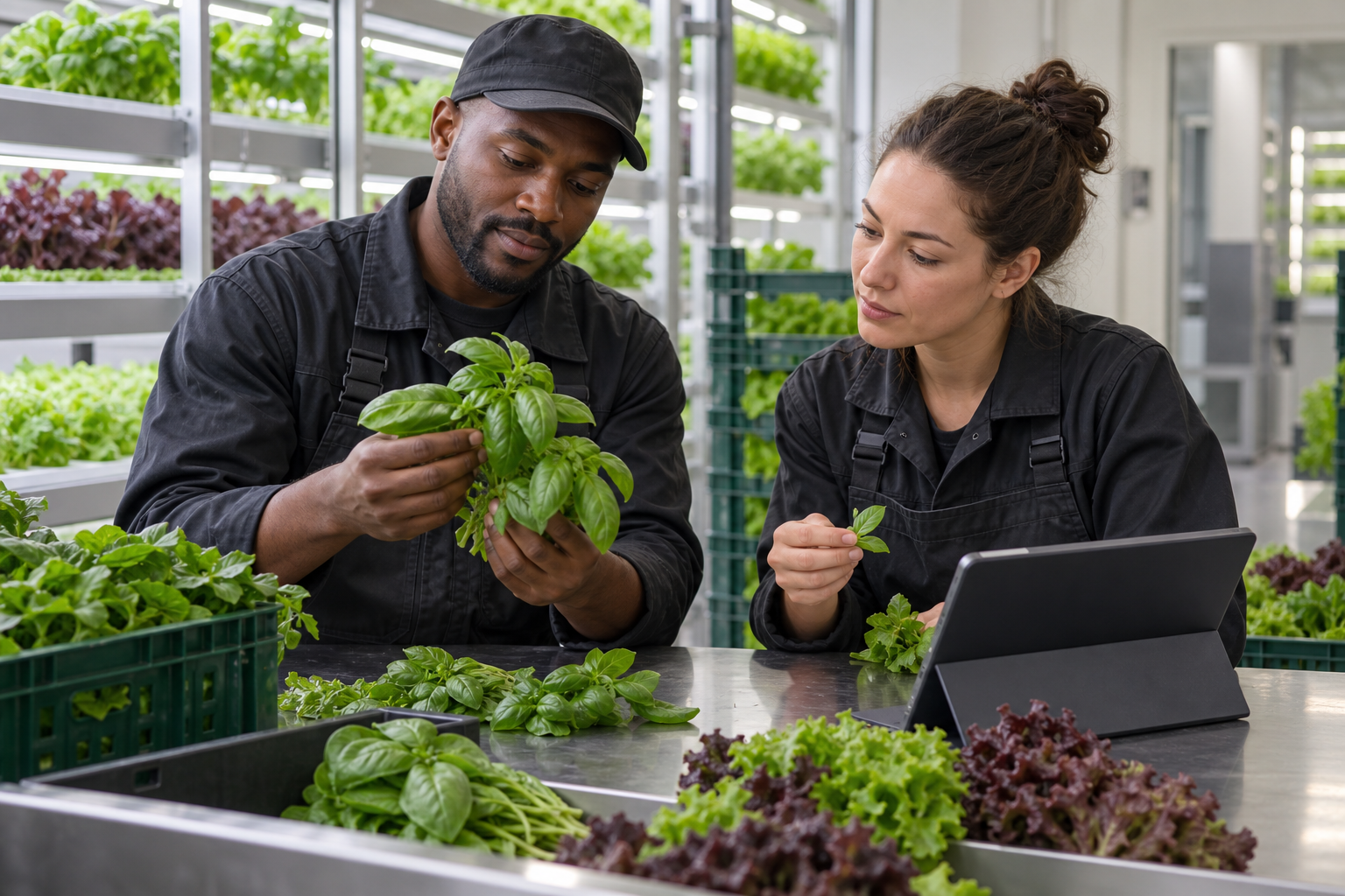 Vertical farm team reviewing fresh basil and leafy greens for a buyer-led recipe