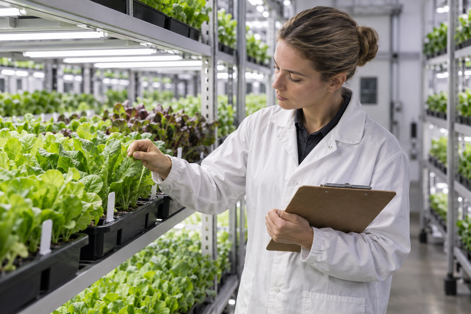 Crop scientist inspecting leafy green cultivar trials in a vertical farm