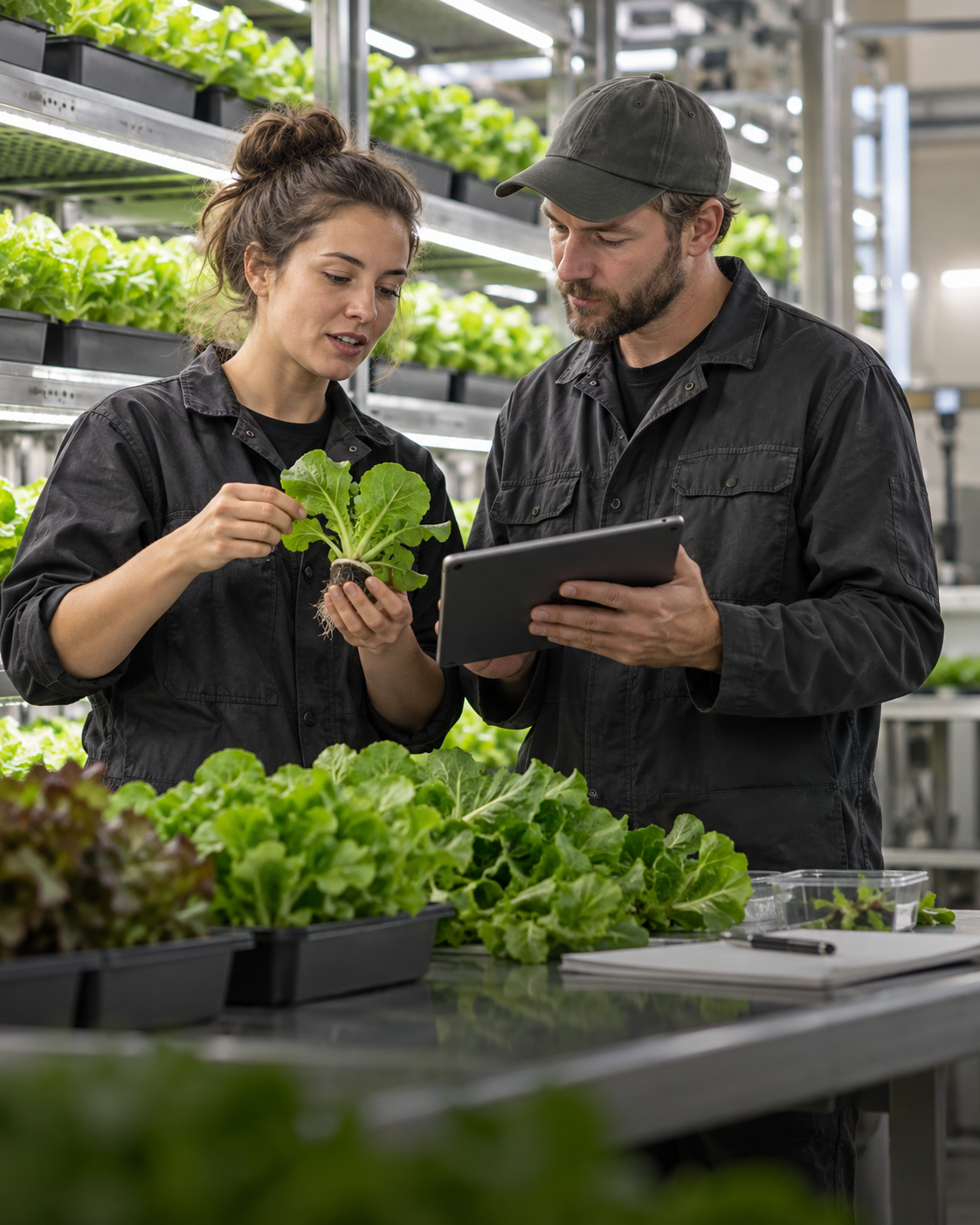 Crop specialists reviewing a leafy green plant sample and tablet in a vertical farm