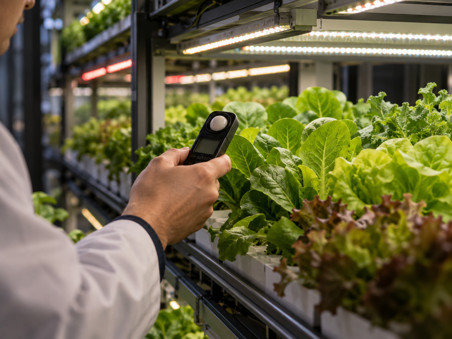 Light meter measuring leafy greens under vertical farm LEDs