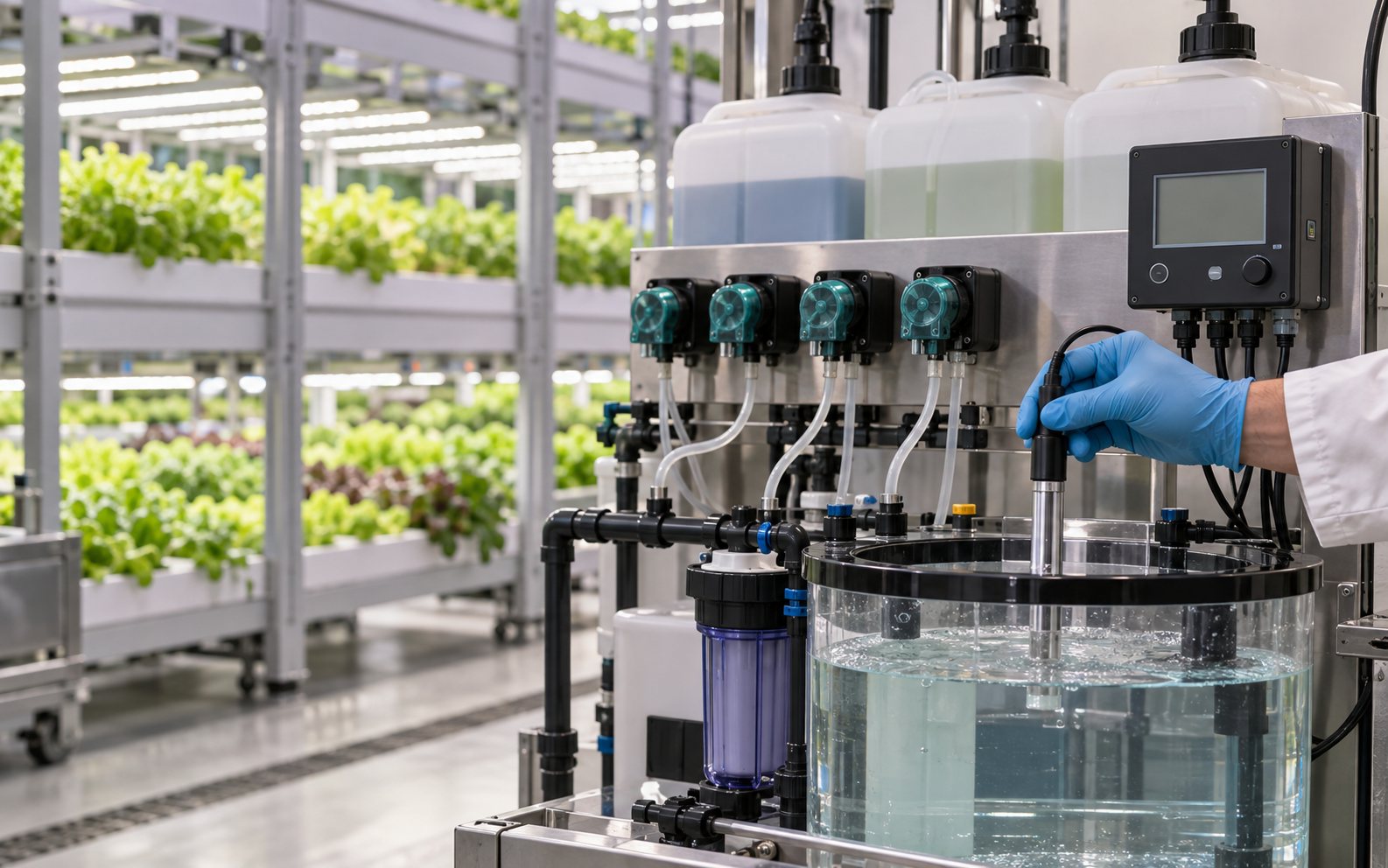Technician measuring hydroponic nutrient solution at a precision dosing station