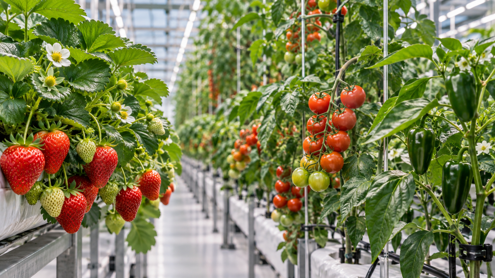 Strawberries, tomatoes, and peppers growing indoors