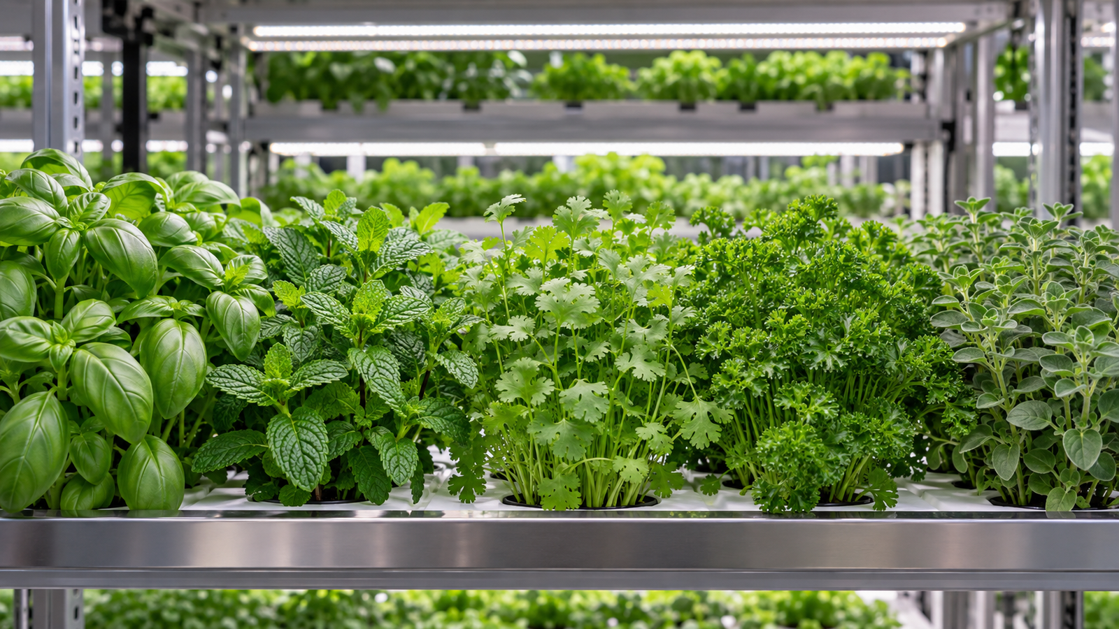 Culinary herbs growing in an indoor vertical farm
