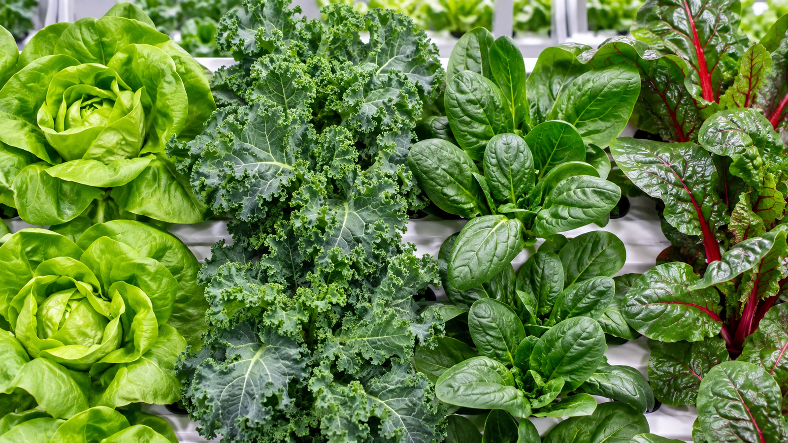 Leafy green cultivars growing in an indoor farm