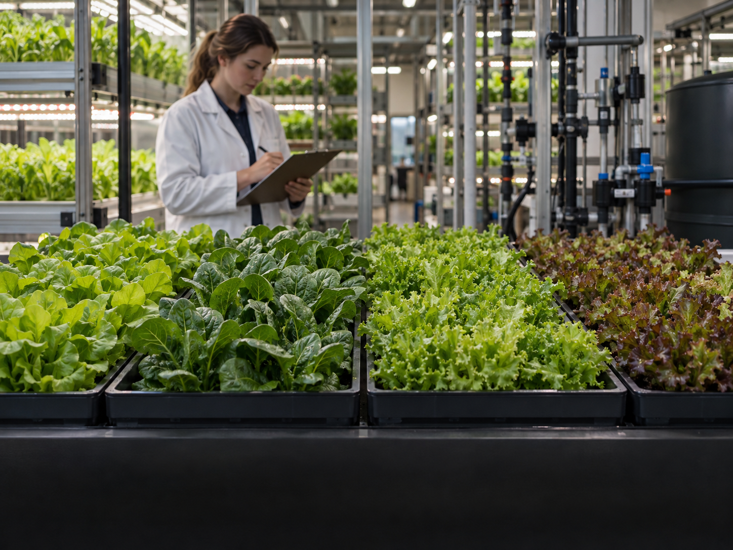 Agronomist reviewing parallel leafy green trials in a vertical farm