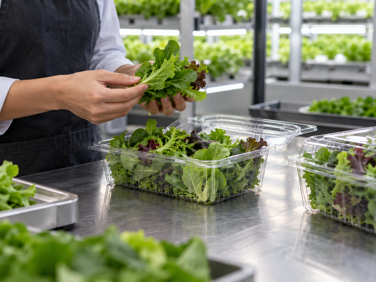 Quality specialist checking freshly packed leafy greens