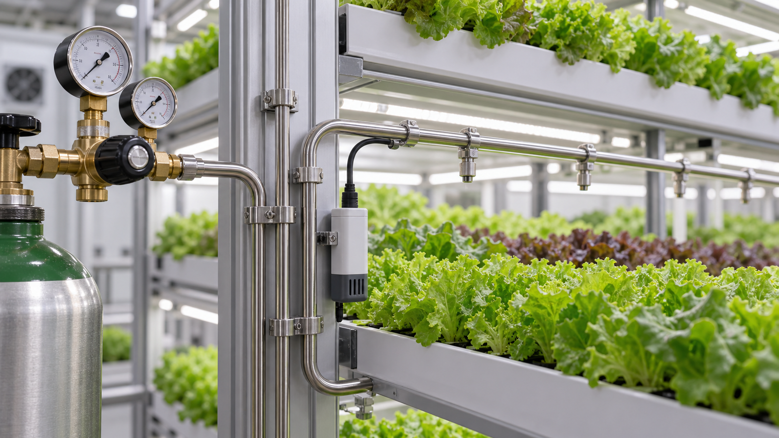 Carbon-dioxide dosing regulator and distribution pipe beside leafy greens
