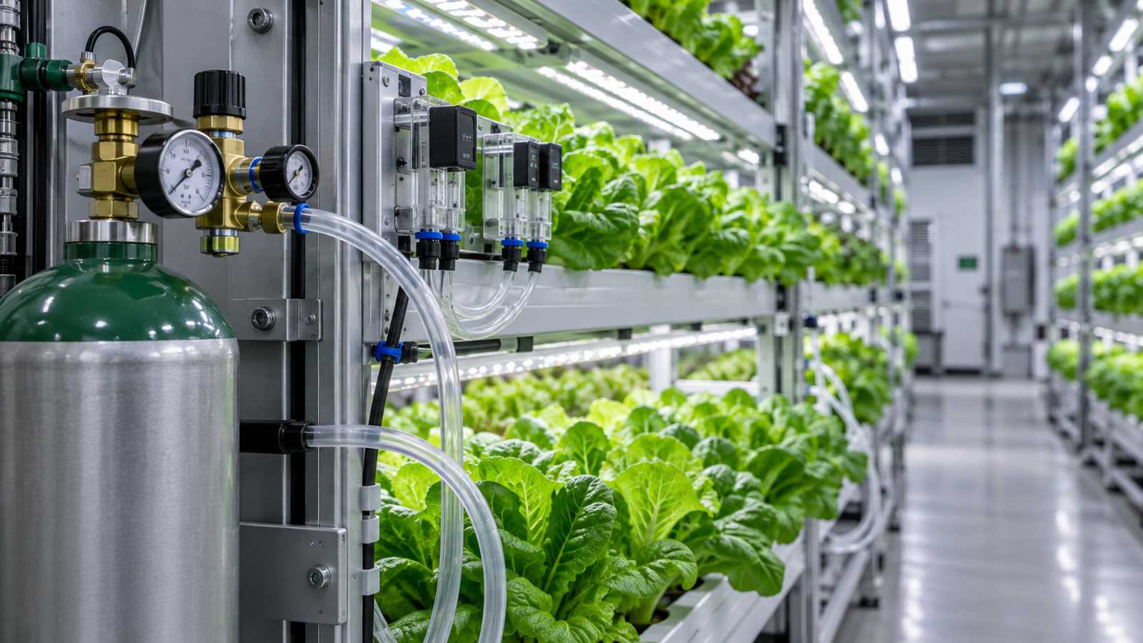Carbon-dioxide dosing regulator and distribution tubing beside leafy green crops