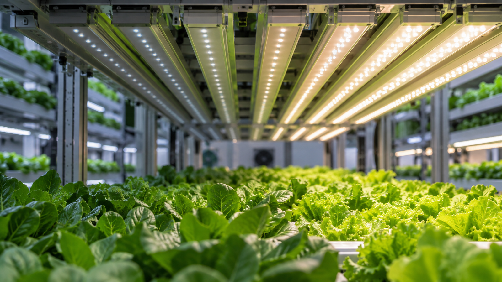 Programmable LED grow lights above leafy greens in a vertical farm
