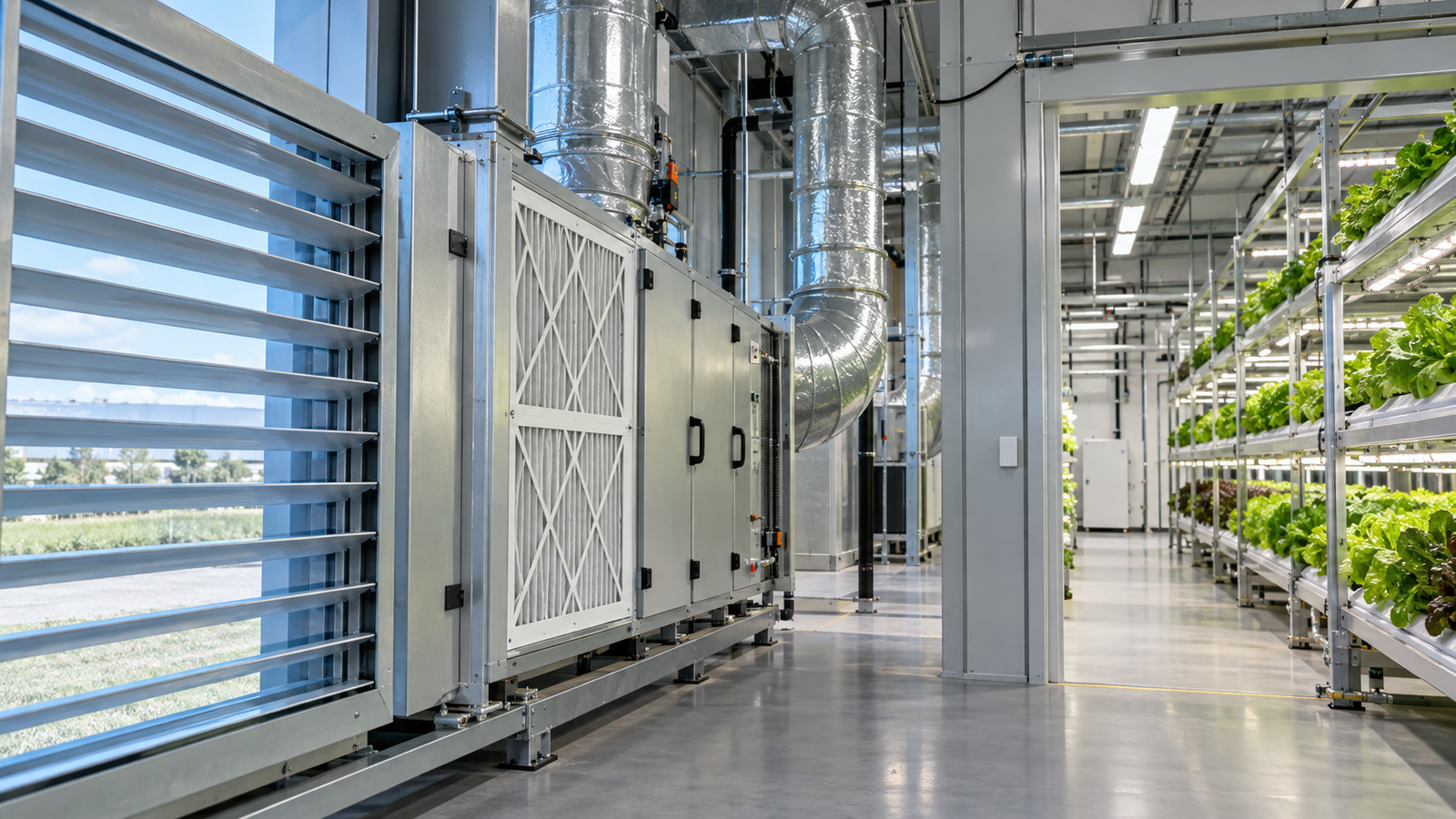 Fresh-air economiser and air-handling equipment beside vertical farm racks