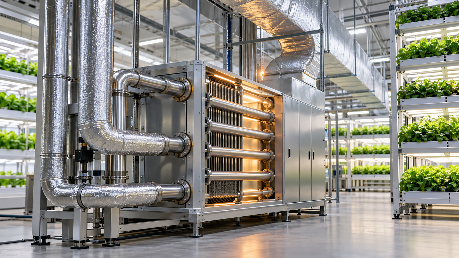 Heat-recovery equipment and insulated ducting in a vertical farm