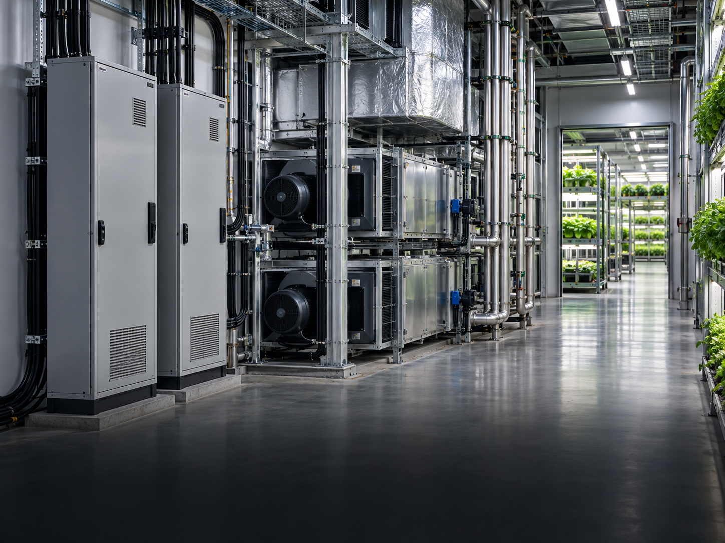 Redundant climate-control equipment beside an indoor vertical farm