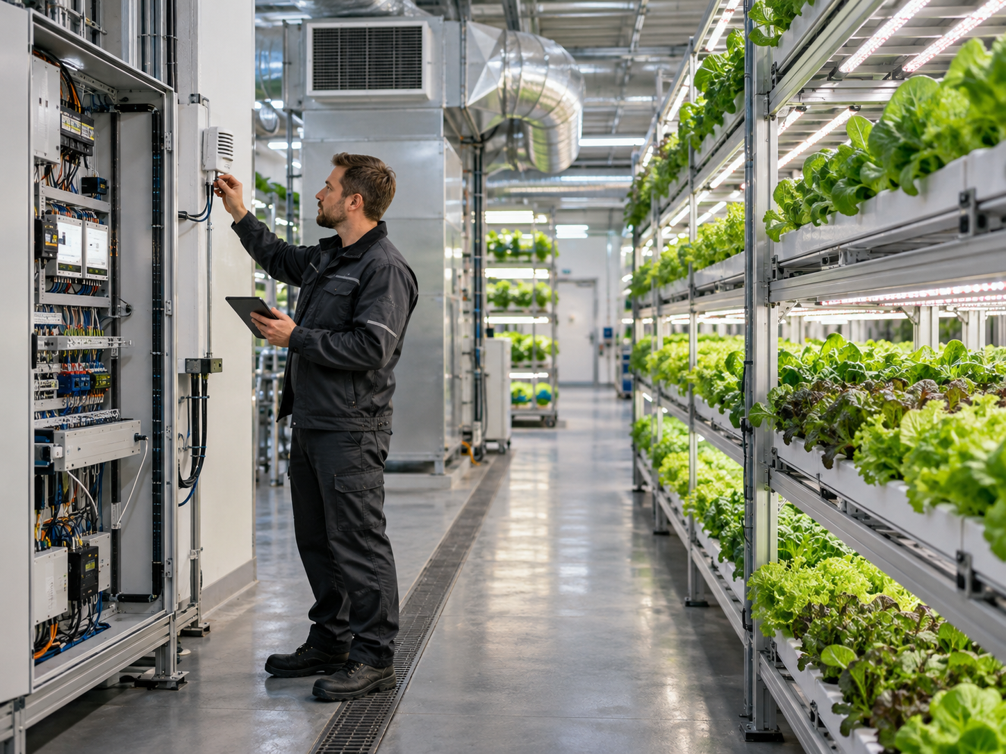 Controls engineer calibrating a climate sensor beside vertical farm crop racks