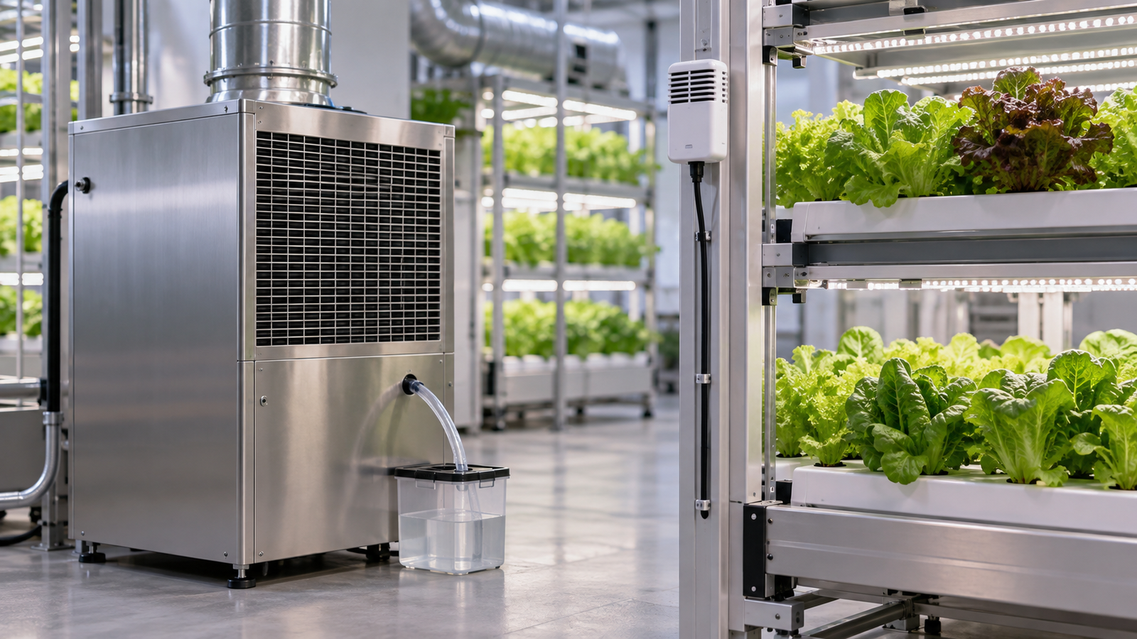 Dehumidification equipment and humidity sensor in a vertical farm