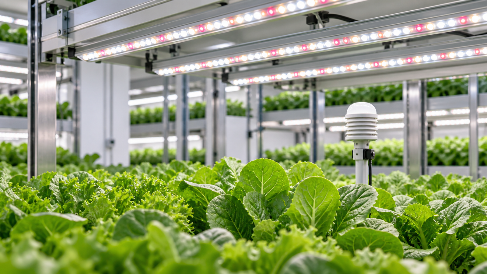 Programmable LED bars and light sensor above leafy greens