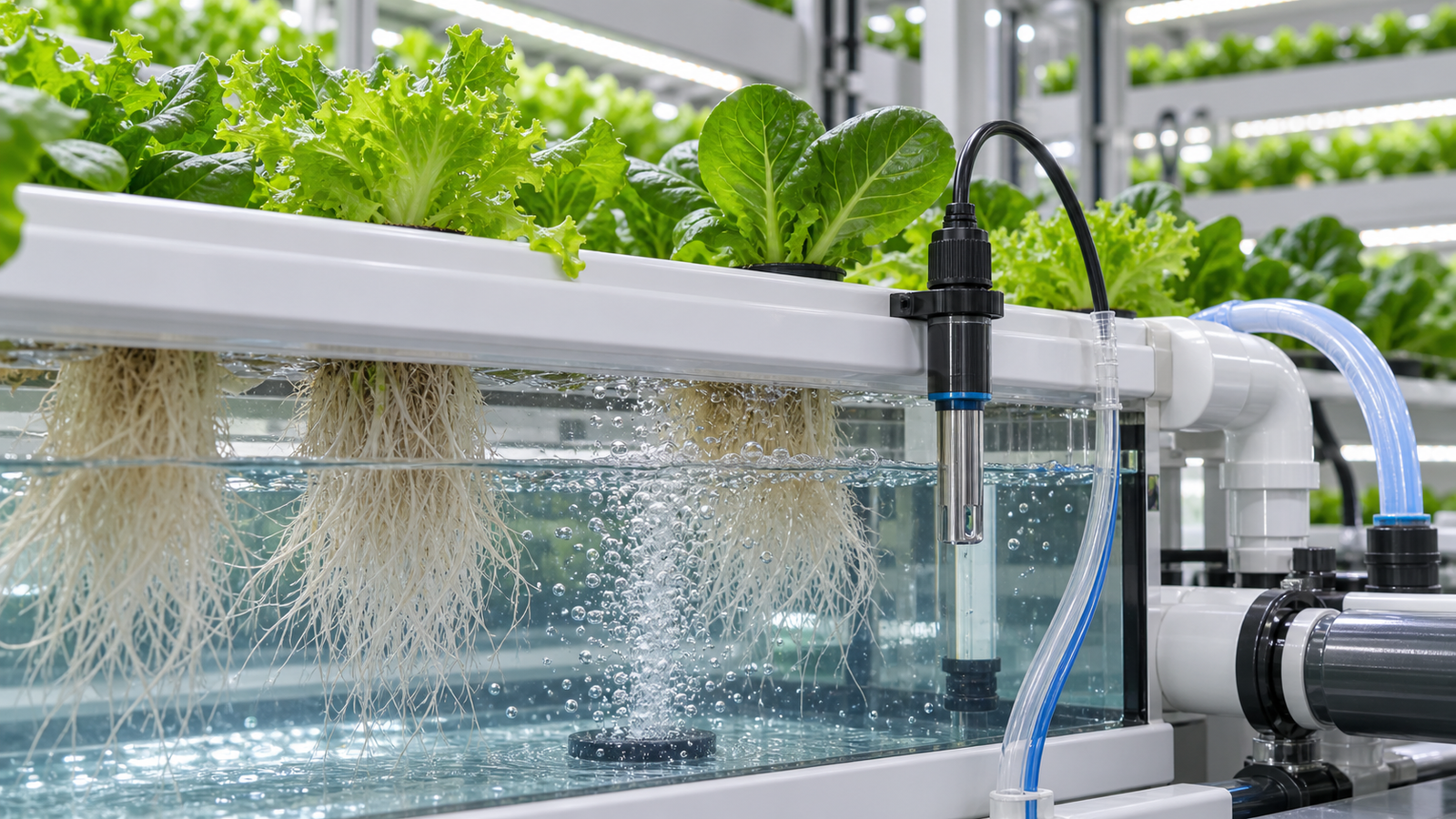 Hydroponic roots, nutrient solution, aeration, and water-quality probe