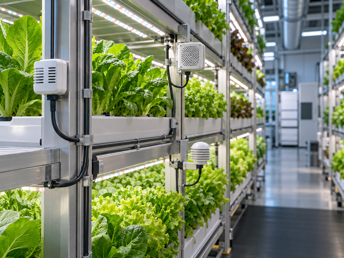 Sensor mesh installed across crop racks in a vertical farm