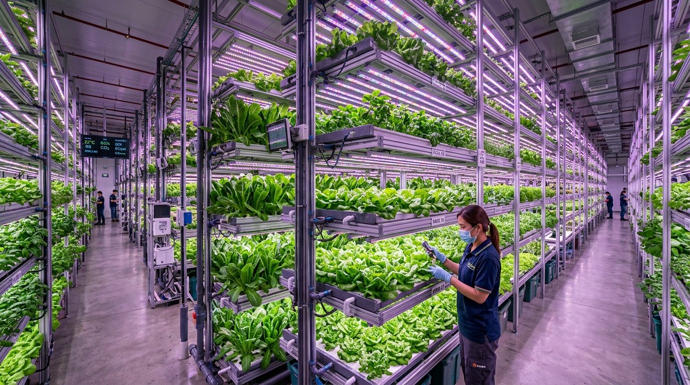 Indoor vertical farm with leafy greens growing under LED lights