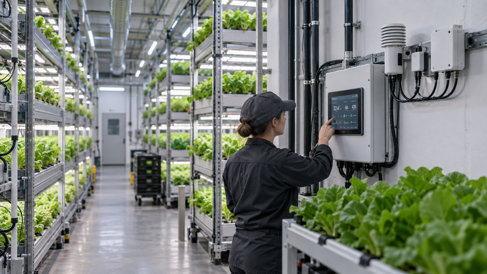 Farm operator adjusting climate controls beside indoor crop racks