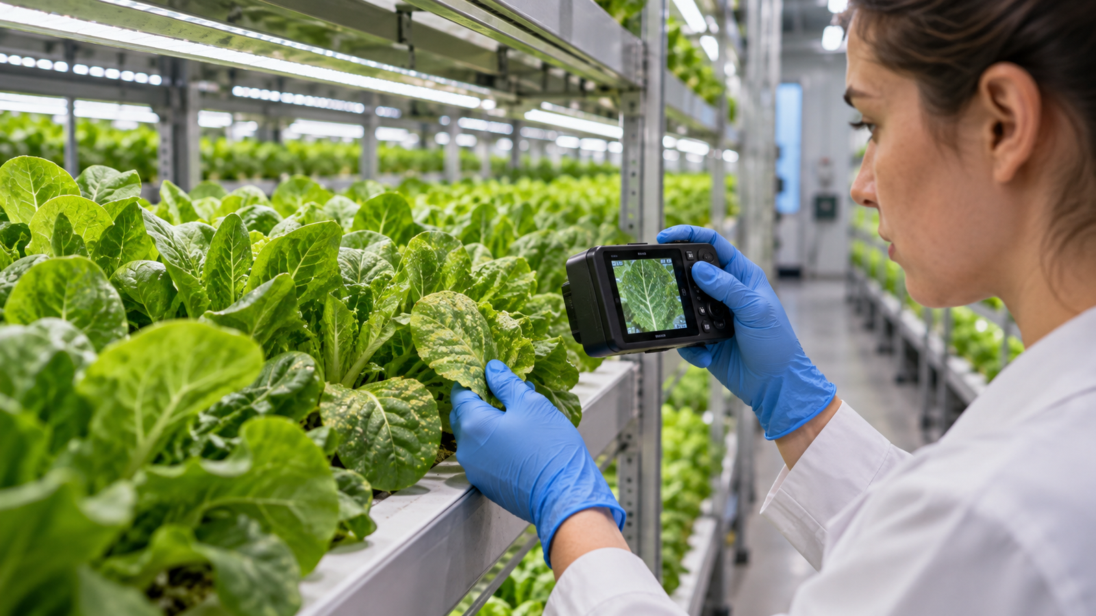 Technician inspecting lettuce leaves with a handheld camera in a vertical farm