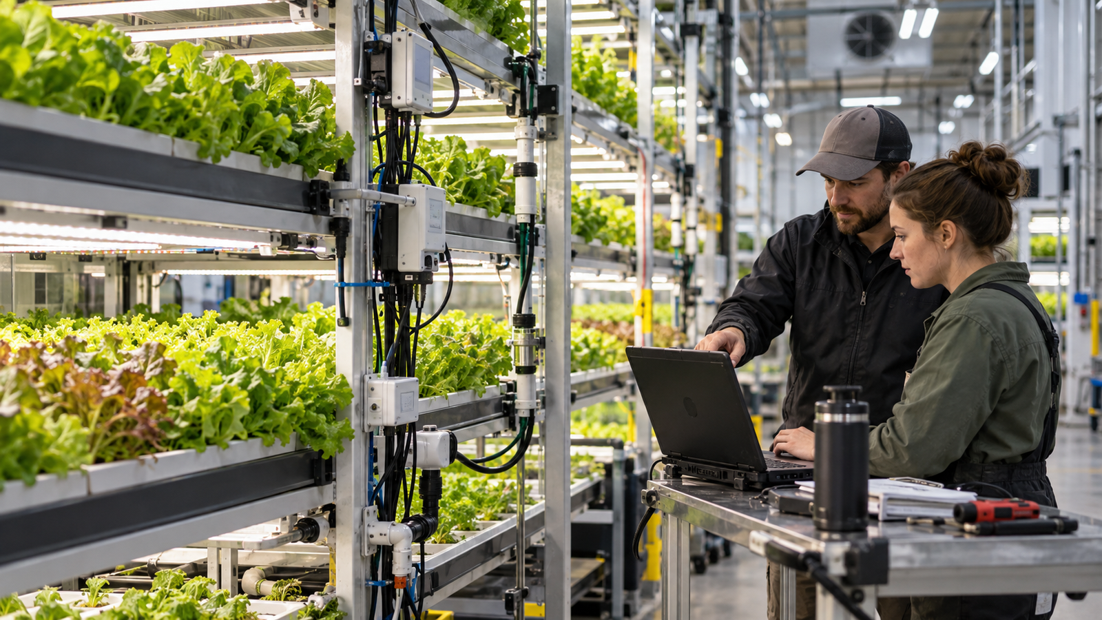 Farm operator and data specialist reviewing sensor hardware and crop data in an indoor vertical farm