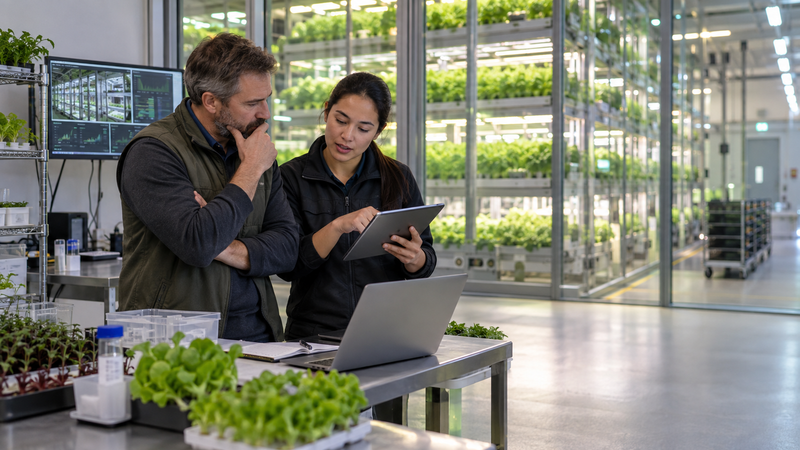 Farm manager and data specialist reviewing crop data in a vertical farm control area