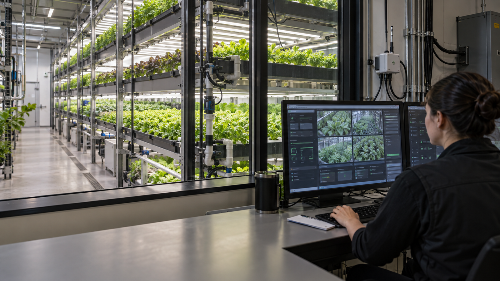 Farm operator reviewing crop camera feeds and operating signals beside indoor vertical farm racks
