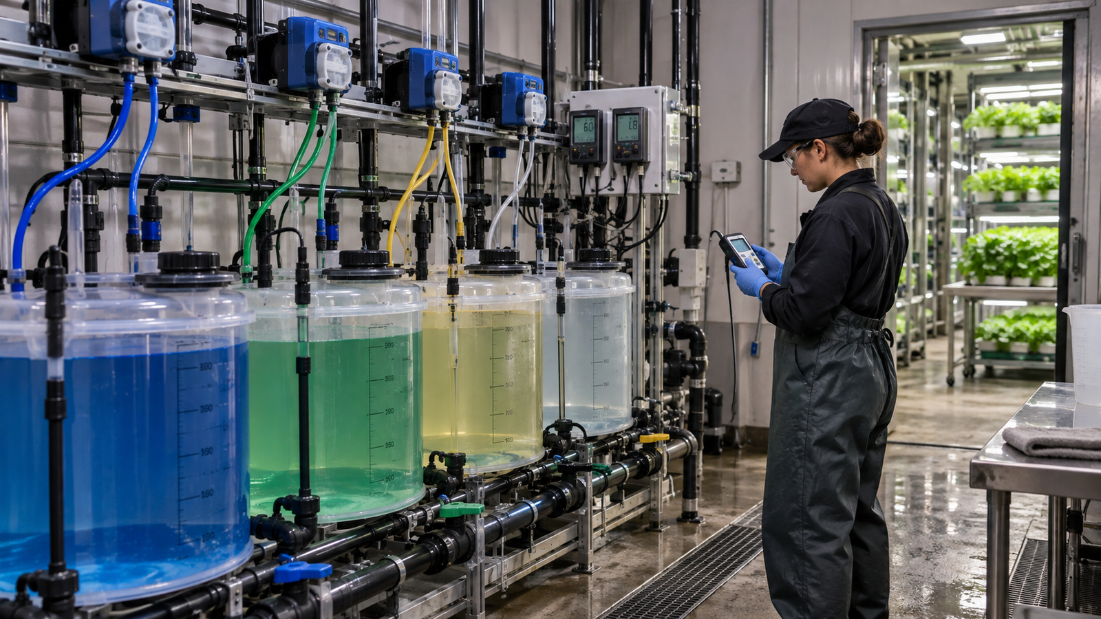 Operator checking hydroponic nutrient dosing equipment in a fertigation room