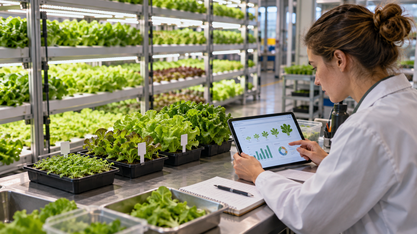 Crop scientist comparing lettuce trial trays and recipe data on a tablet