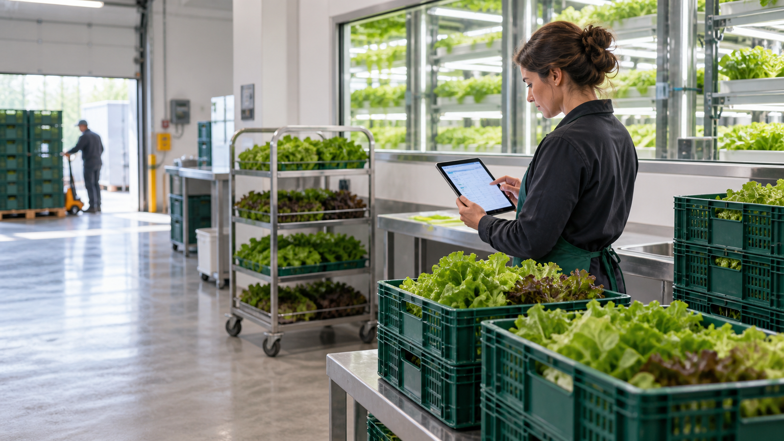 Farm manager checking a harvest plan beside produce crates in a vertical farm pack-out area