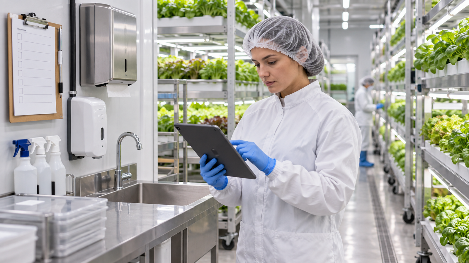 Quality manager reviewing a hygiene and compliance checklist