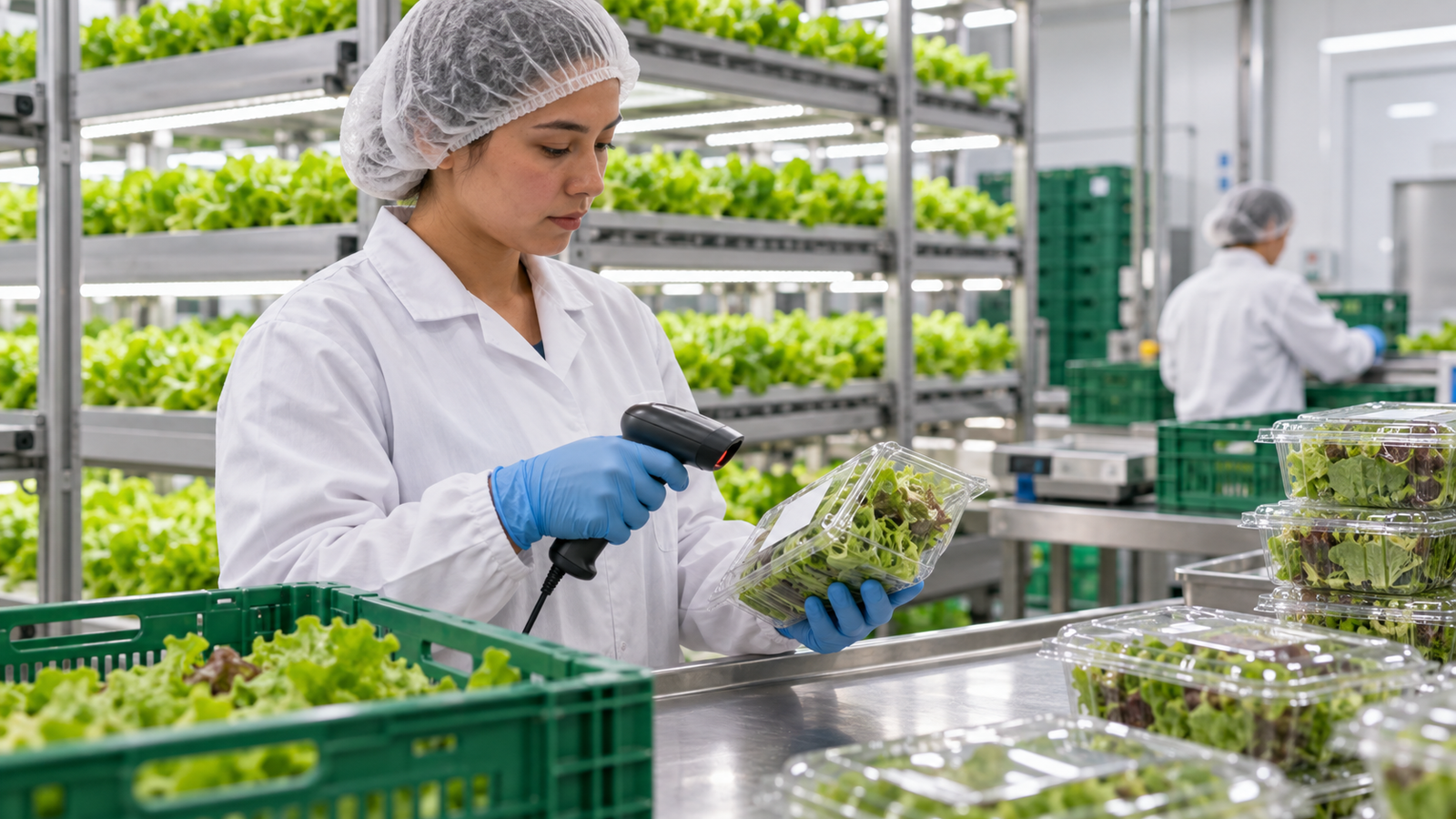 Operator checking traceability on packed leafy greens