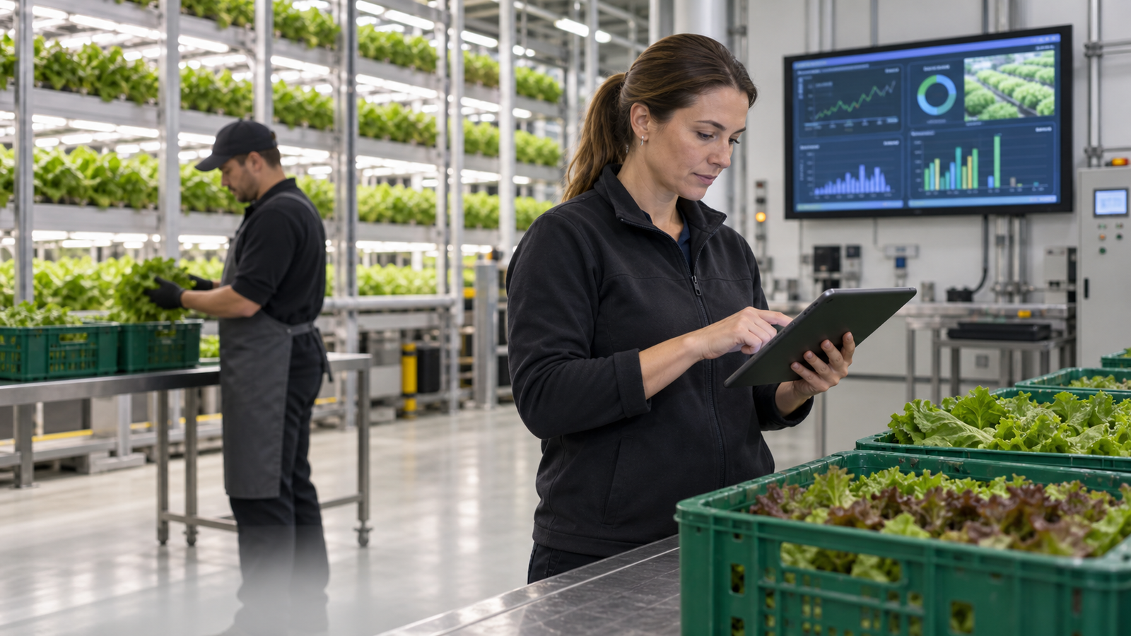Farm manager reviewing performance data on a tablet
