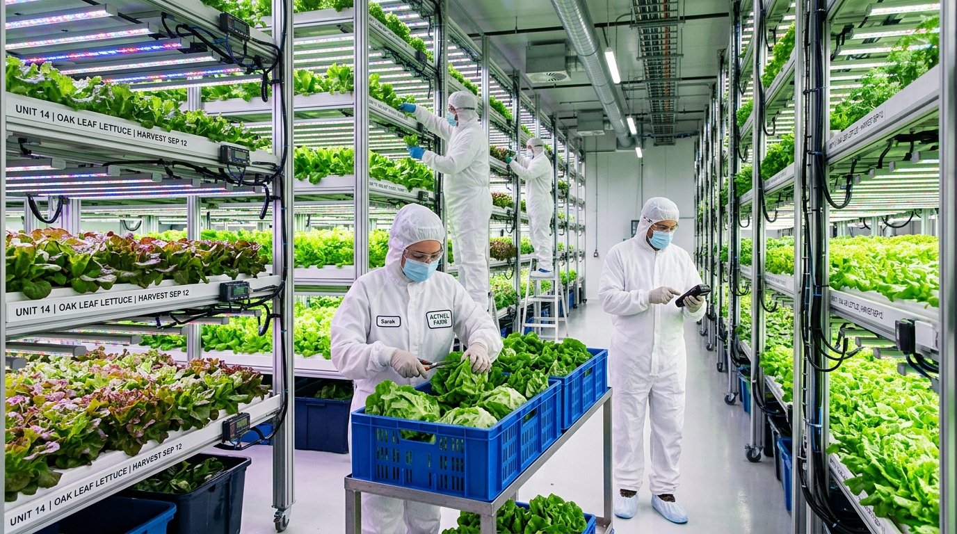 Indoor farm operations team monitoring production rows