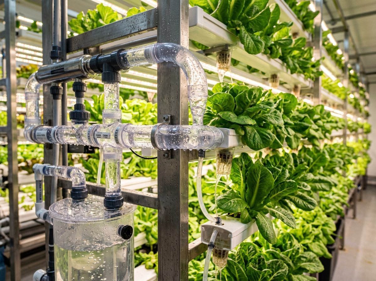 Hydroponic water recirculation pipes feeding leafy greens in an indoor vertical farm